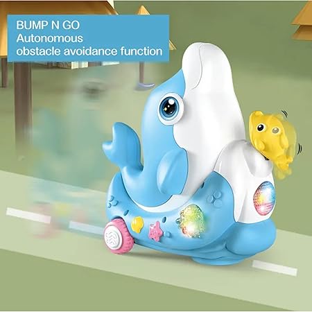 CASWAA Dolphin Toy with Ball Blowing Function, Bump and Go with Cool Music & Lighting Effects, Cartoon Animal Design for Kids